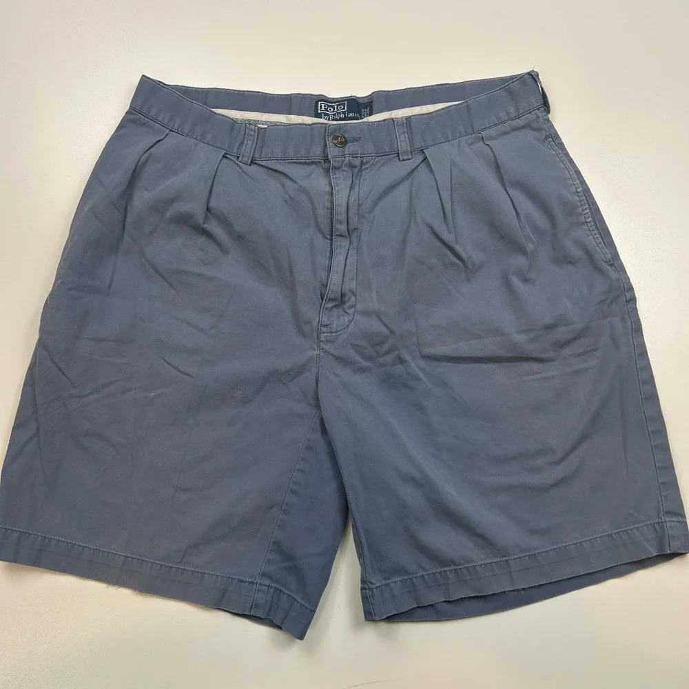 Polo Ralph Lauren Mens 36 Pleated Chino Shorts Slate Blue Vintage Cotton